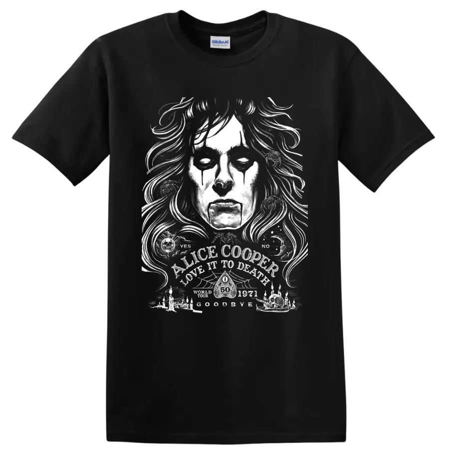 Alice Cooper Love It to Death gothic face illustration with occult symbols and candles on a Black T Shirt
