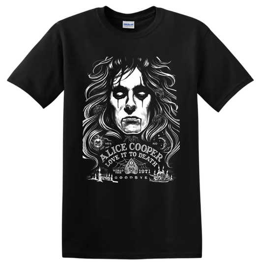 Alice Cooper Love It to Death gothic face illustration with occult symbols and candles on a Black T Shirt