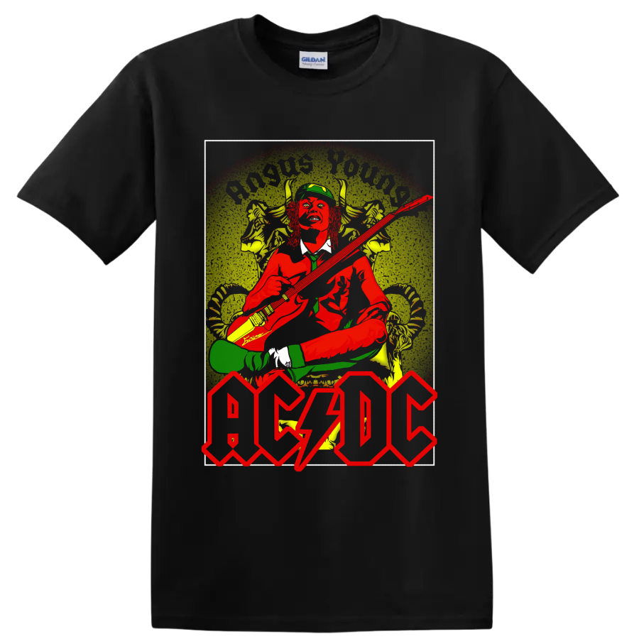Angus Young guitar performance in distressed AC/DC vintage rock-poster artwork on a Black T Shirt