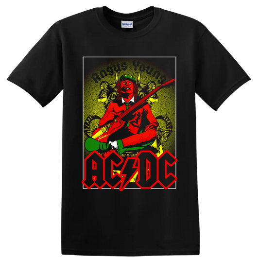 Angus Young guitar performance in distressed AC/DC vintage rock-poster artwork on a Black T Shirt