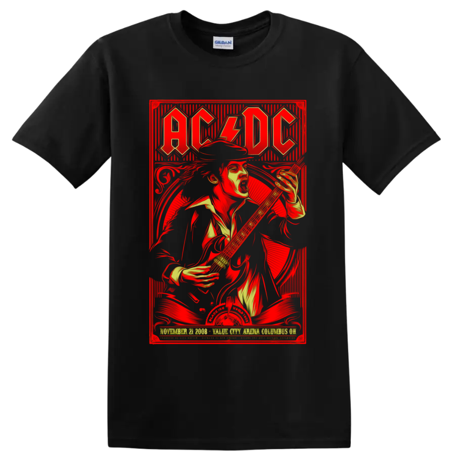 AC/DC Black Ice World Tour poster art with Angus Young playing electric guitar on a Black T Shirt