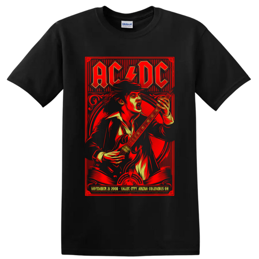 AC/DC Black Ice World Tour poster art with Angus Young playing electric guitar on a Black T Shirt