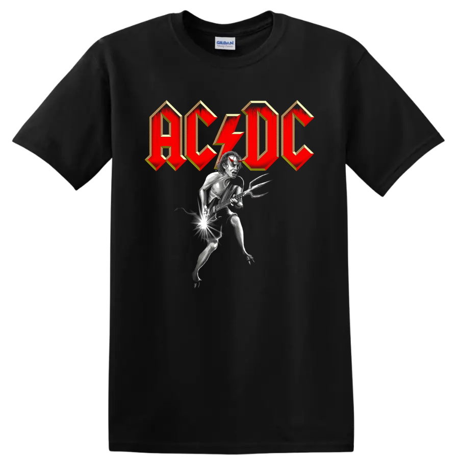 AC/DC logo with a monochrome devil guitarist and electric guitar graphic on a Black T Shirt