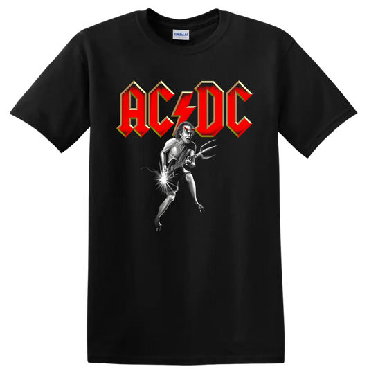 AC/DC logo with a monochrome devil guitarist and electric guitar graphic on a Black T Shirt