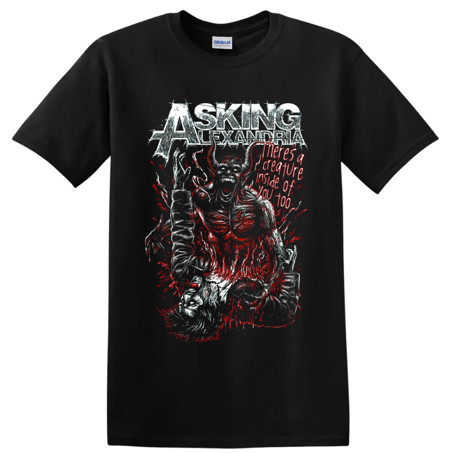 Asking Alexandria horned creature horror graphic with red splatter and distressed on a Black T Shirt