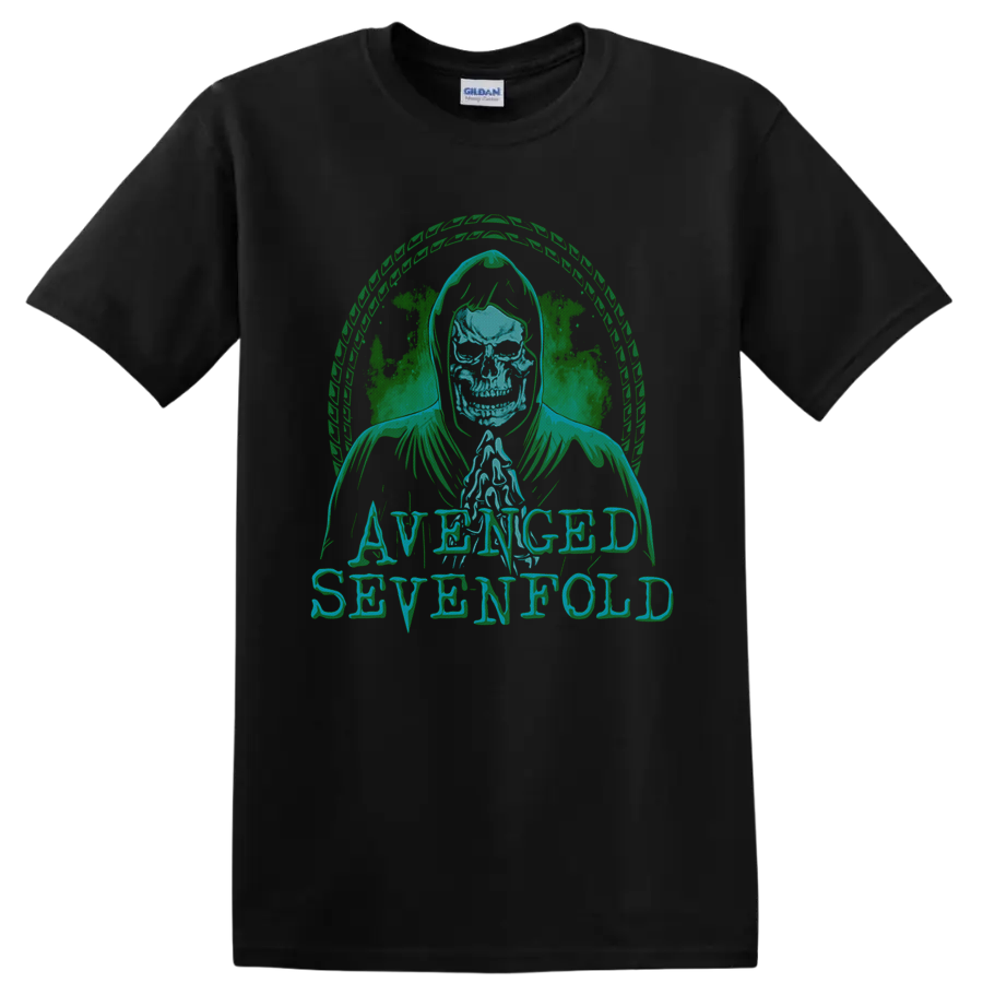 Avenged Sevenfold hooded skull Deathbat-inspired distressed rock graphic on a Black T Shirt