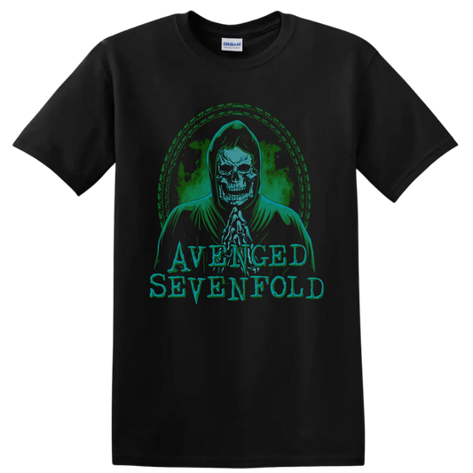 Avenged Sevenfold hooded skull Deathbat-inspired distressed rock graphic on a Black T Shirt
