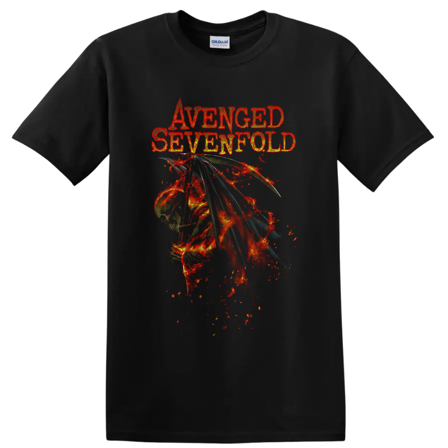 Avenged Sevenfold distressed fiery winged skull graphic with band name lettering on a Black T Shirt
