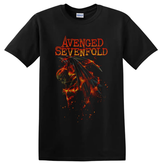 Avenged Sevenfold distressed fiery winged skull graphic with band name lettering on a Black T Shirt