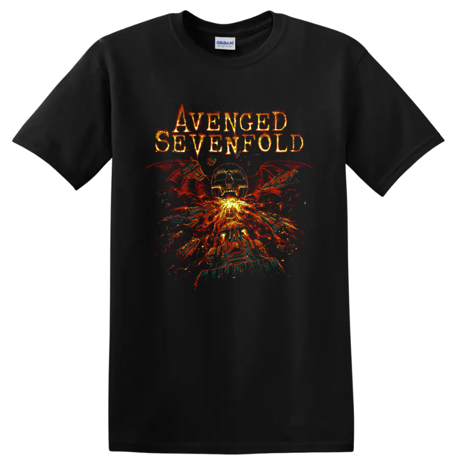 Avenged Sevenfold Deathbat skull with wings and fiery distressed explosion graphic on a Black T Shirt
