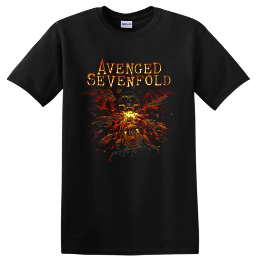 Avenged Sevenfold Deathbat skull with wings and fiery distressed explosion graphic on a Black T Shirt