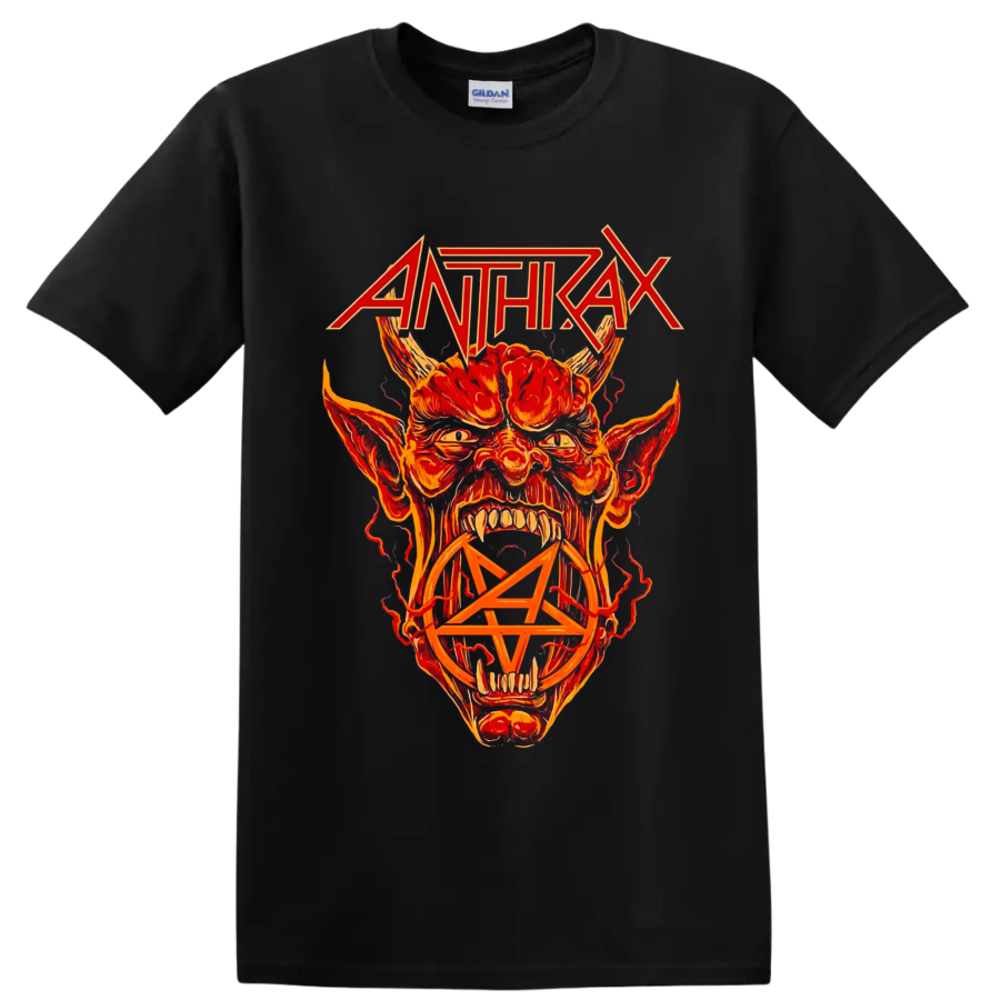 Anthrax logo above fiery horned demon artwork with a pentagram on a Black T Shirt