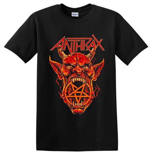 Anthrax logo above fiery horned demon artwork with a pentagram on a Black T Shirt