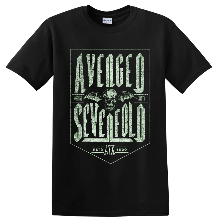 Avenged Sevenfold Deathbat skull and wings with distressed gothic lettering and A7X on a Black T Shirt