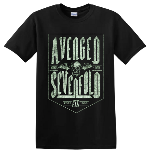 Avenged Sevenfold Deathbat skull and wings with distressed gothic lettering and A7X on a Black T Shirt