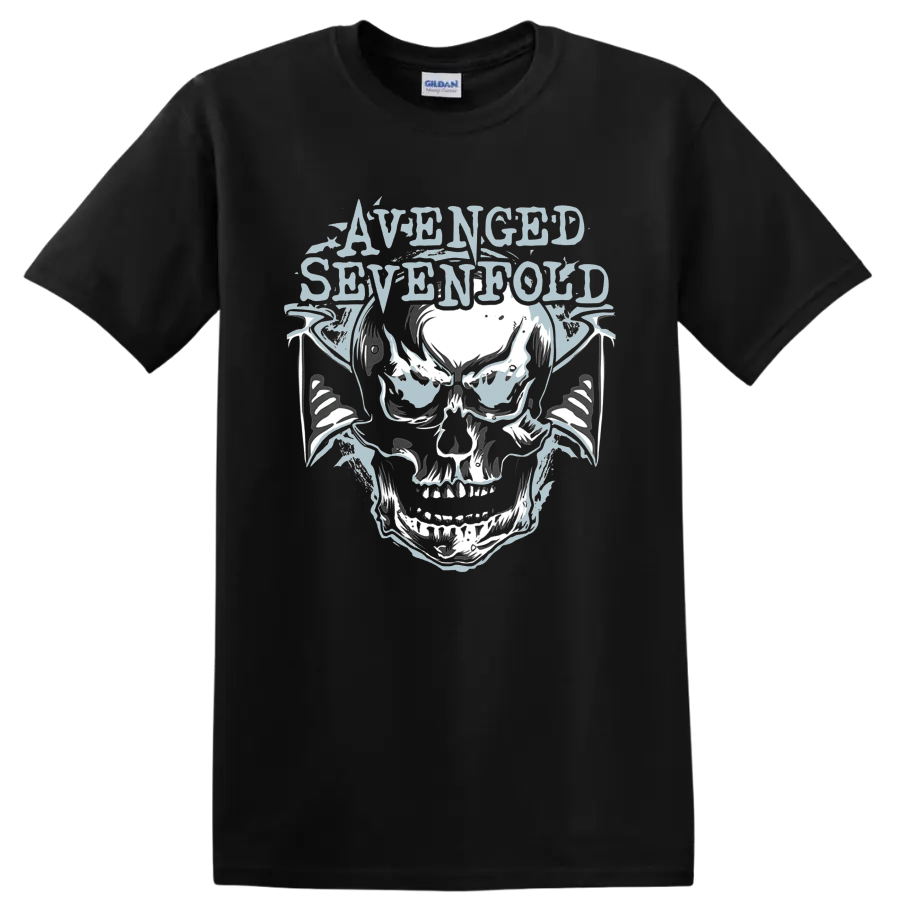 Avenged Sevenfold Deathbat skull with bat wings in distressed metal graphic style on a Black T Shirt