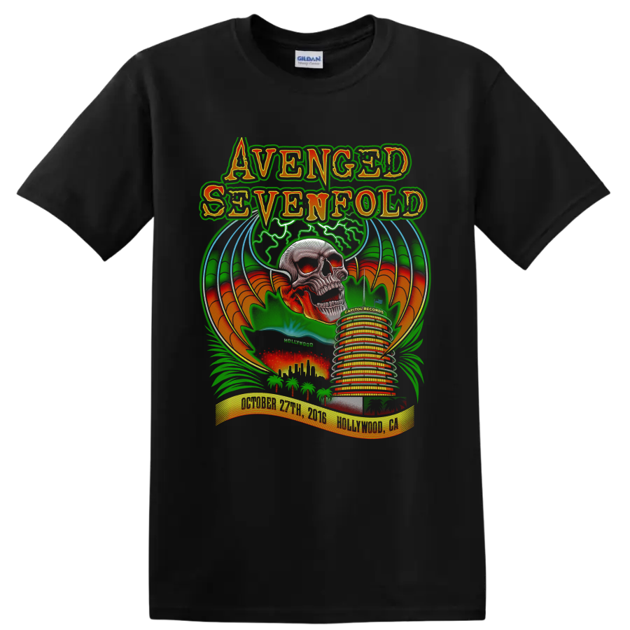 Avenged Sevenfold Hollywood skull concert poster graphic with bats, palms, and Capitol on a Black T Shirt