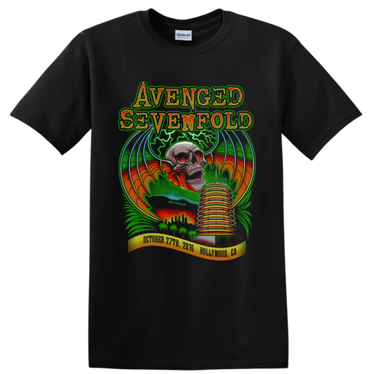 Avenged Sevenfold Hollywood skull concert poster graphic with bats, palms, and Capitol on a Black T Shirt