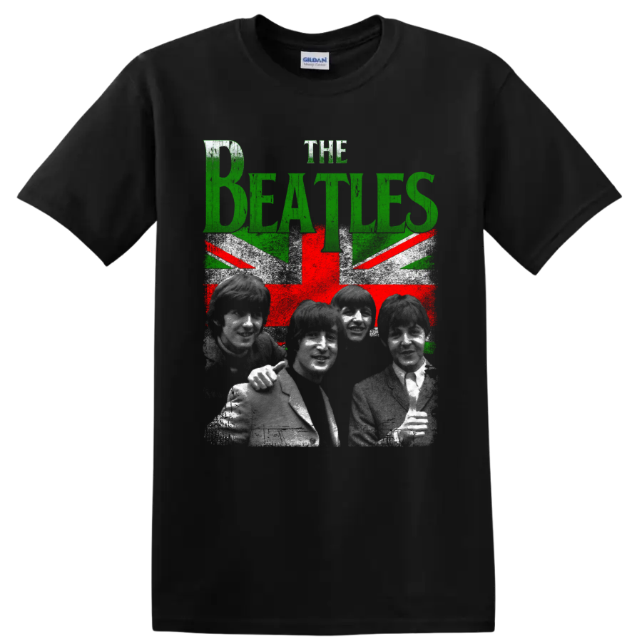 The Beatles portraits with distressed green lettering and Union Jack-inspired graphic on a Black T Shirt