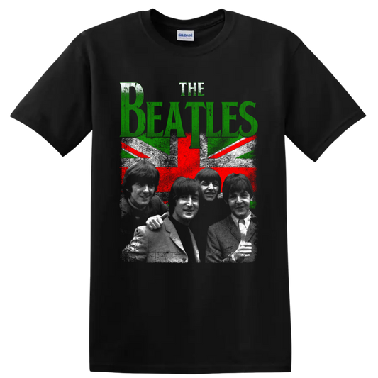 The Beatles portraits with distressed green lettering and Union Jack-inspired graphic on a Black T Shirt