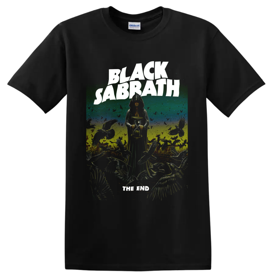 Black Sabbath The End Tour gothic reaper and hourglass graphic print on a Black T Shirt