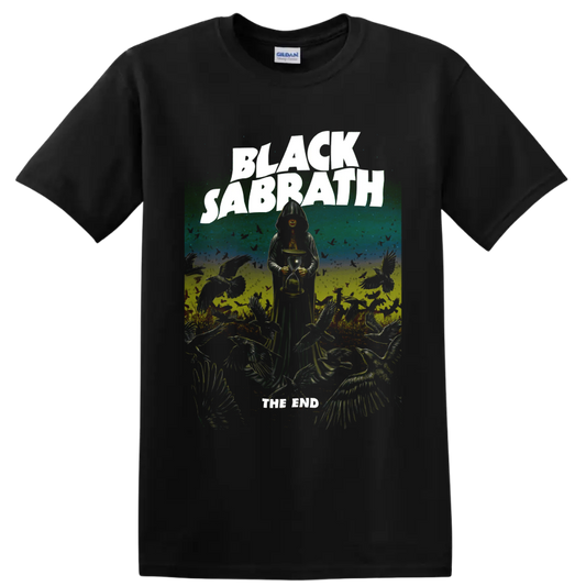 Black Sabbath The End Tour gothic reaper and hourglass graphic print on a Black T Shirt