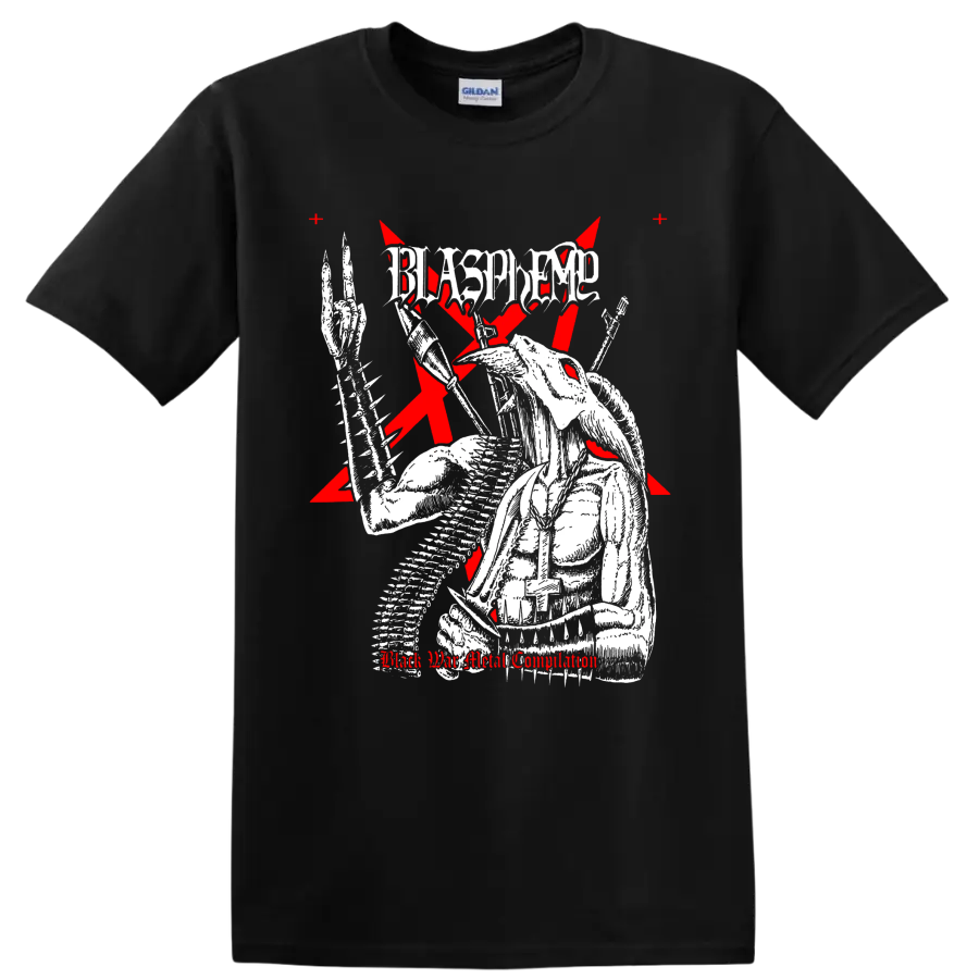 Blasphemy skeletal armored warrior graphic with red crosses and distressed logo on a Black T Shirt