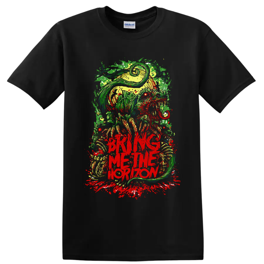 Bring Me the Horizon neon hooded skull horror graphic with red splatter on a Black T Shirt