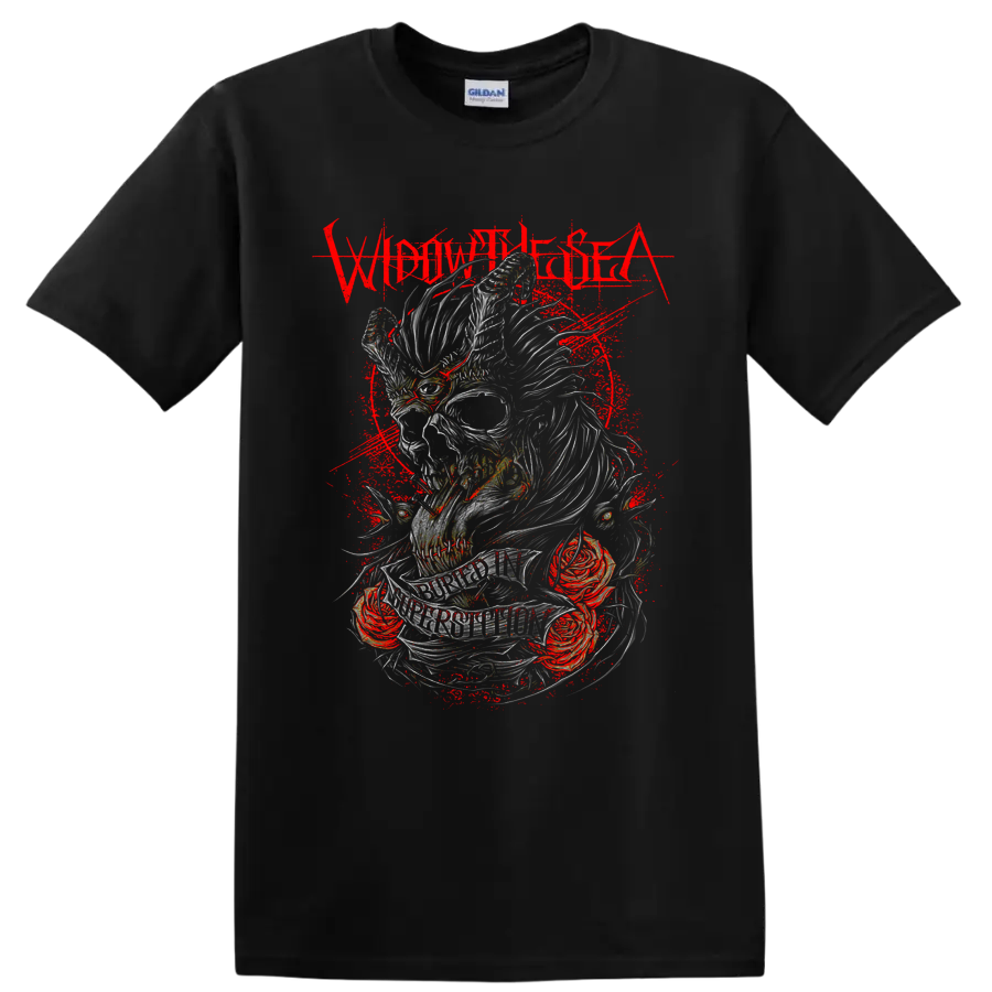 Widow the Sea skull and roses graphic with distressed red splatter on a Black T Shirt