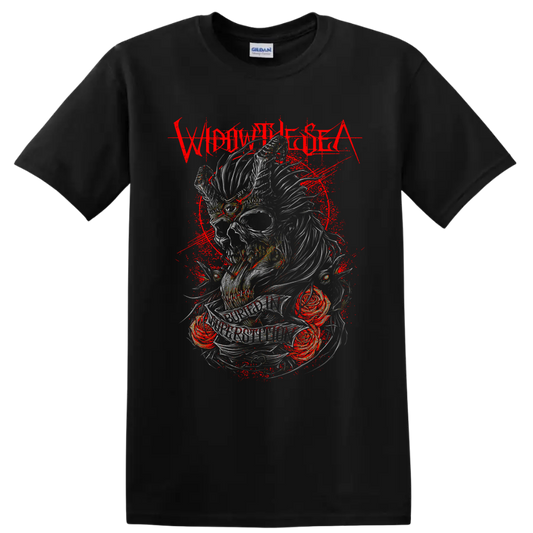 Widow the Sea skull and roses graphic with distressed red splatter on a Black T Shirt