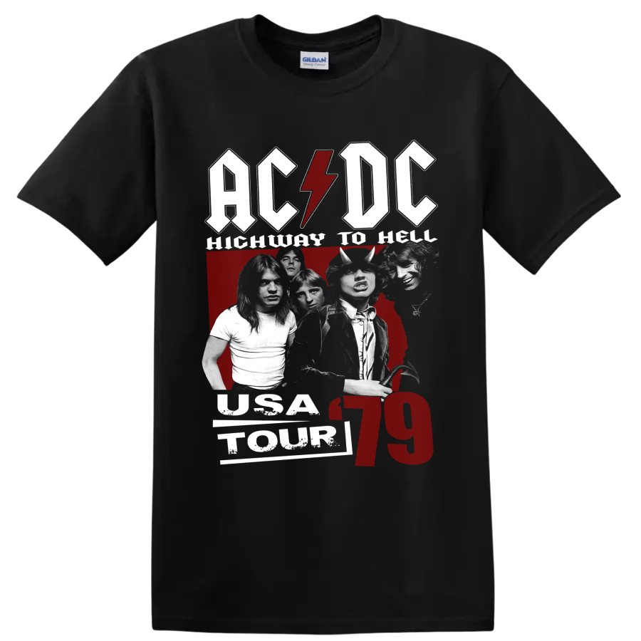 AC/DC Highway to Hell USA Tour 79 band photo collage with lightning-bolt logo on a Black T Shirt