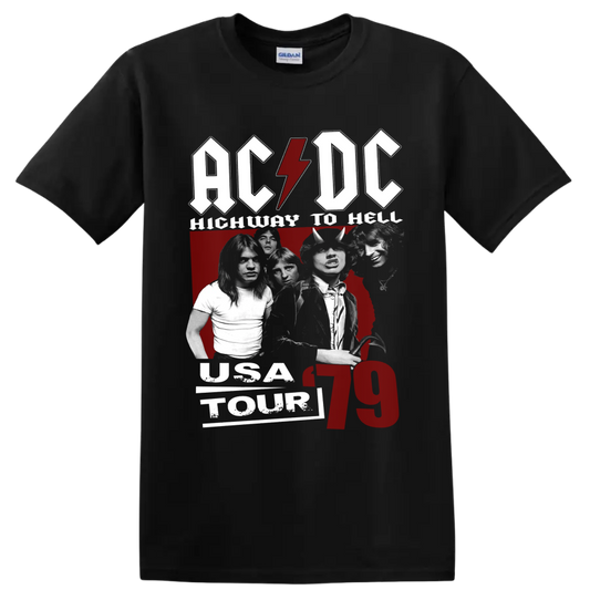 AC/DC Highway to Hell USA Tour 79 band photo collage with lightning-bolt logo on a Black T Shirt