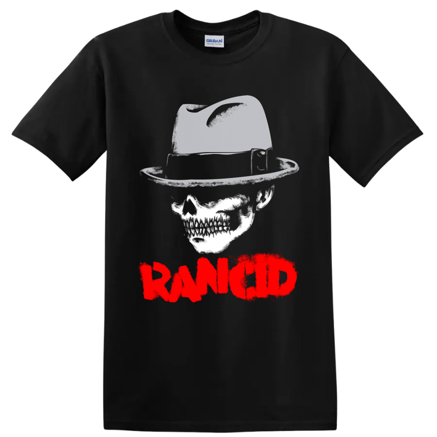 Rancid skull and raised boot graphic with distressed red wordmark on a Black T Shirt