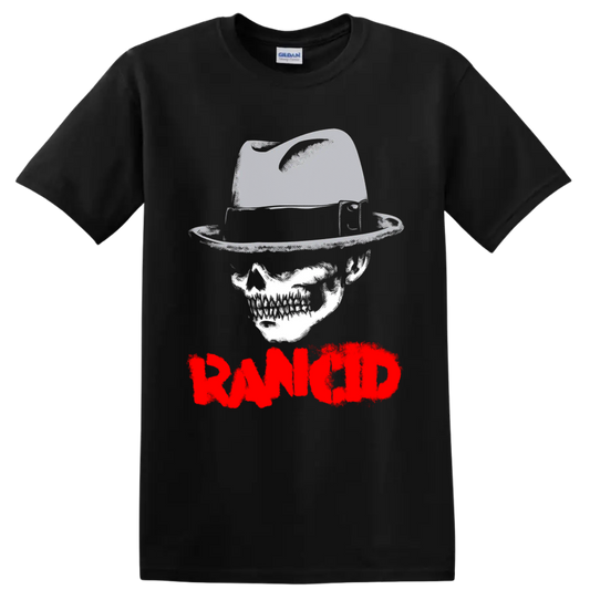 Rancid skull and raised boot graphic with distressed red wordmark on a Black T Shirt