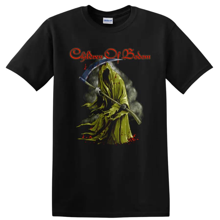 Children of Bodom logo above a distressed hooded reaper holding a scythe on a Black T Shirt