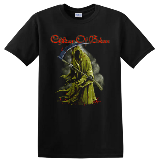 Children of Bodom logo above a distressed hooded reaper holding a scythe on a Black T Shirt