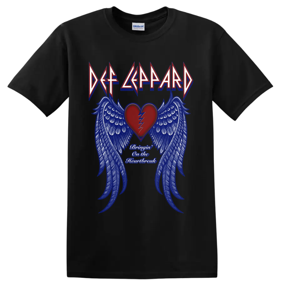 Def Leppard Bringin' on the Heartbreak broken heart and blue wing graphic on a Black T Shirt
