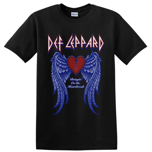 Def Leppard Bringin' on the Heartbreak broken heart and blue wing graphic on a Black T Shirt