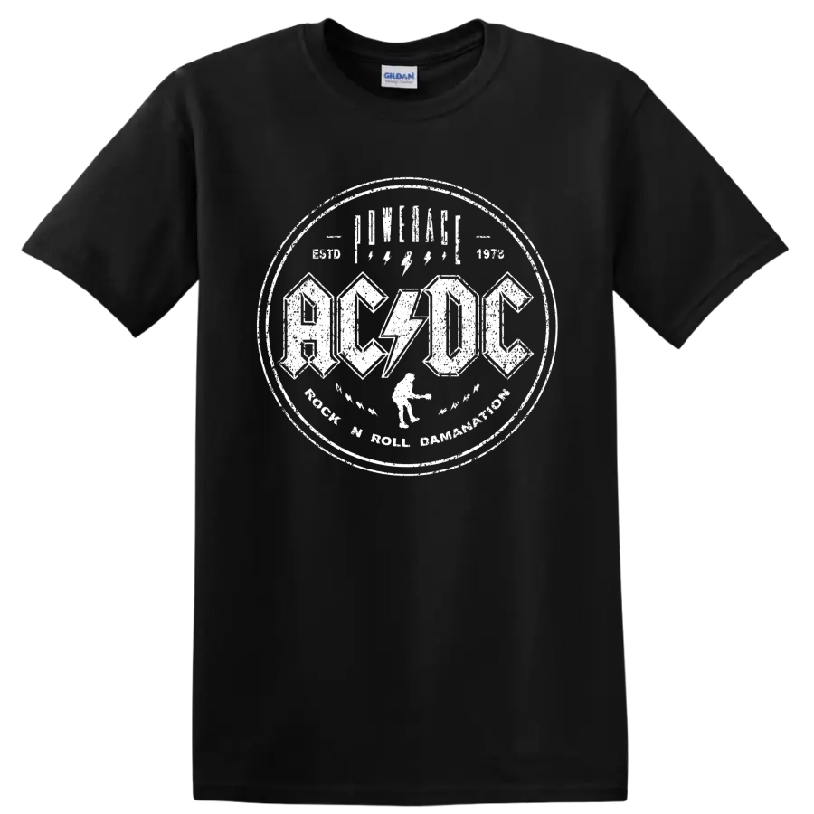 AC/DC Rock 'N' Roll Damnation distressed circular logo with lightning bolts on a Black T Shirt