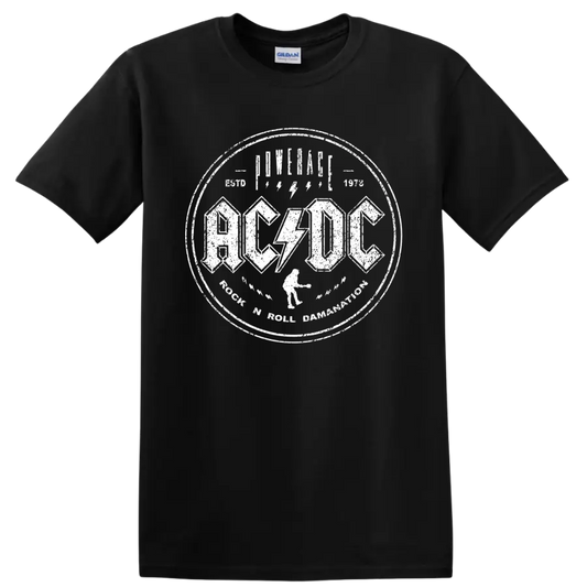AC/DC Rock 'N' Roll Damnation distressed circular logo with lightning bolts on a Black T Shirt