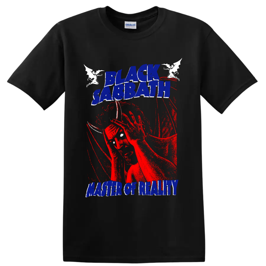 Black Sabbath Master of Reality distressed lettering with red guitarist and bats on a Black T Shirt