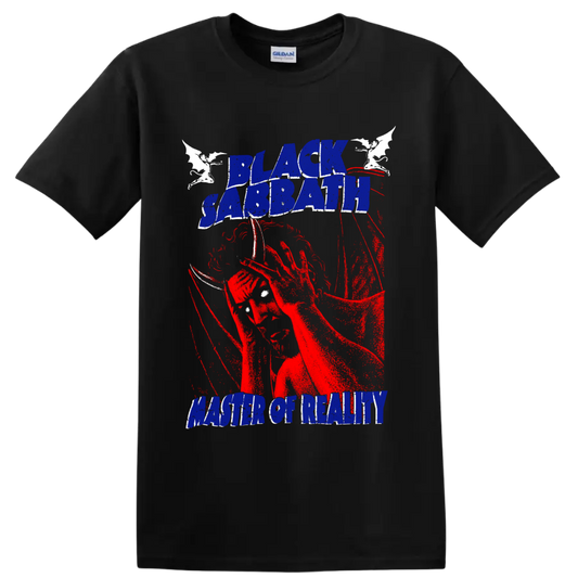 Black Sabbath Master of Reality distressed lettering with red guitarist and bats on a Black T Shirt