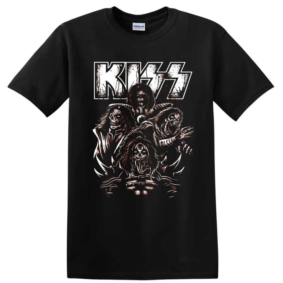 KISS logo with four distressed skull-faced rock figures and red splatter art on a Black T Shirt