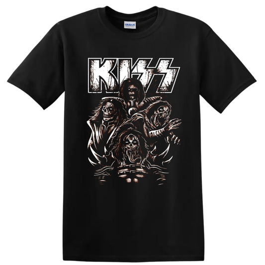 KISS logo with four distressed skull-faced rock figures and red splatter art on a Black T Shirt
