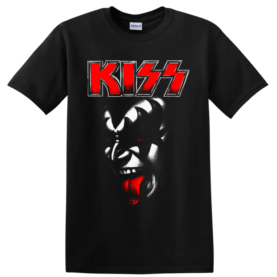 KISS red logo above distressed Demon face with red eyes and tongue graphic on a Black T Shirt