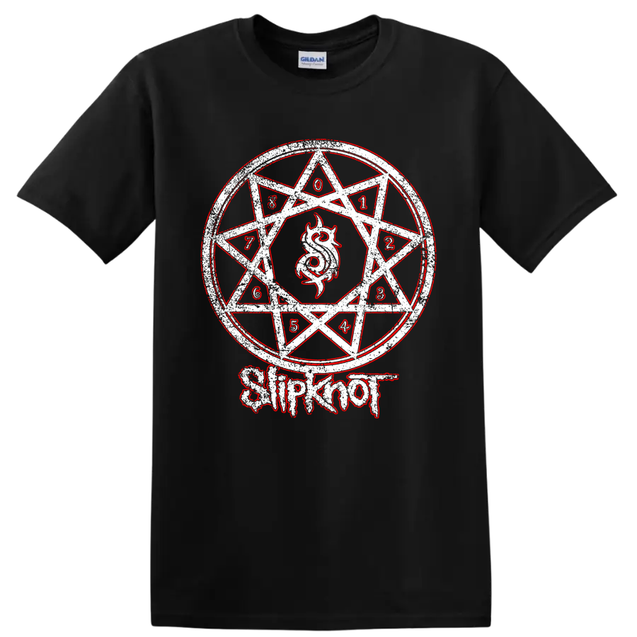 Distressed Slipknot numbered nonagram with horned emblem and red-and-white metal art on a Black T Shirt