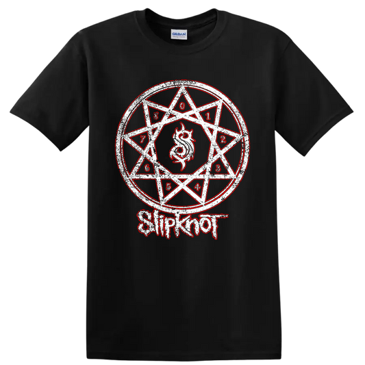 Distressed Slipknot numbered nonagram with horned emblem and red-and-white metal art on a Black T Shirt