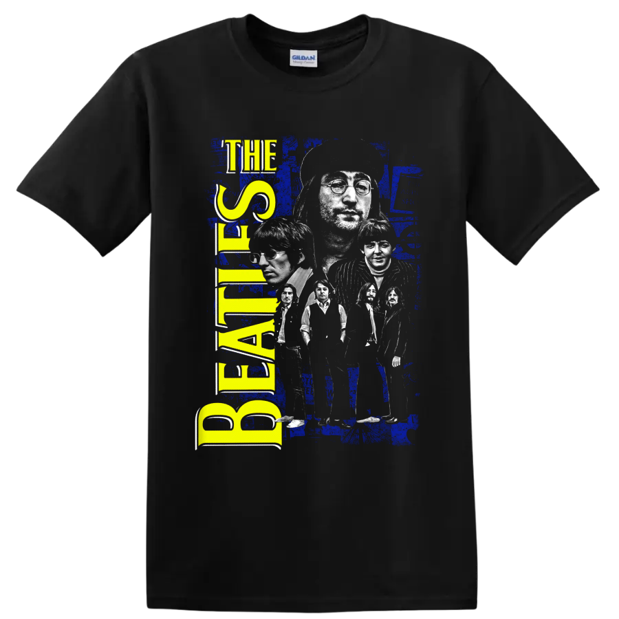 The Beatles distressed blue and yellow portrait collage with vertical band lettering on a Black T Shirt