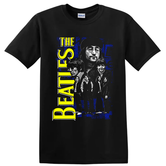 The Beatles distressed blue and yellow portrait collage with vertical band lettering on a Black T Shirt