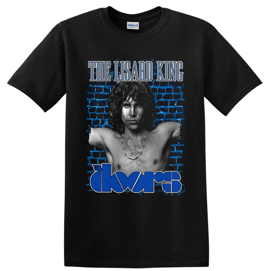 Jim Morrison The Lizard King portrait with The Doors logo and blue brick wall on a Black T Shirt